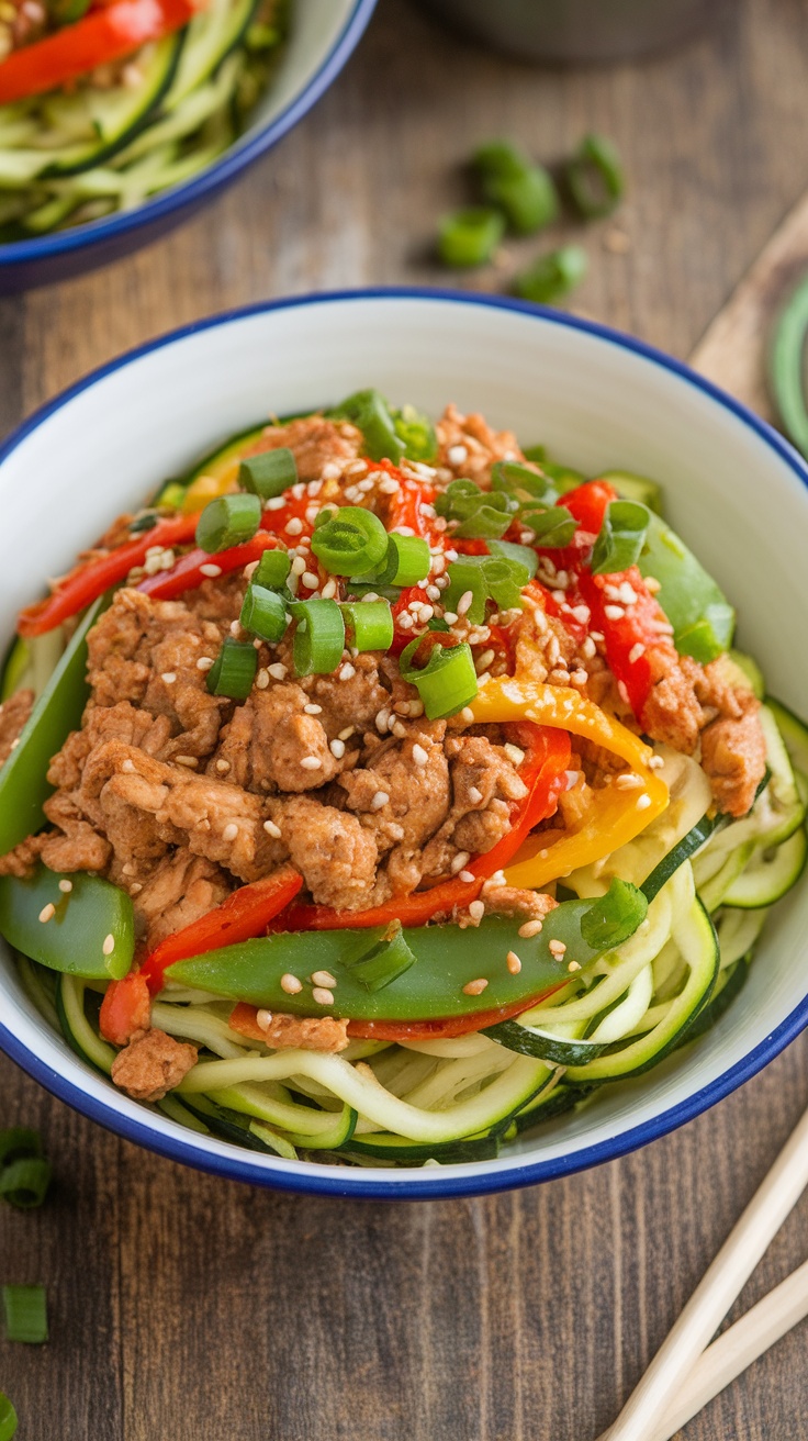 Ground Chicken Teriyaki Zoodle Stir Fry with zucchini noodles, bell peppers, and snap peas, garnished with sesame seeds on a wooden table.